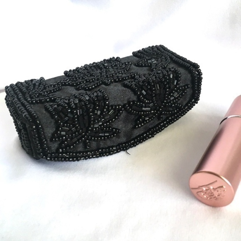 Midcentury Black Beaded Satin Lipstick Case - Vintage MCM
